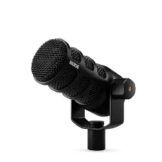 Black RØDE PodMic USB microphone with mesh grille and U-shaped swivel mount on white