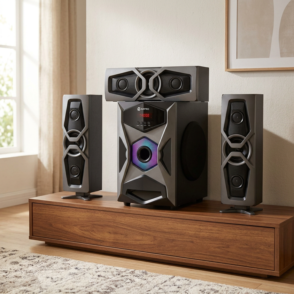 AI-edited AM-307 speaker set room illustration; furniture not included, scale illustrative.