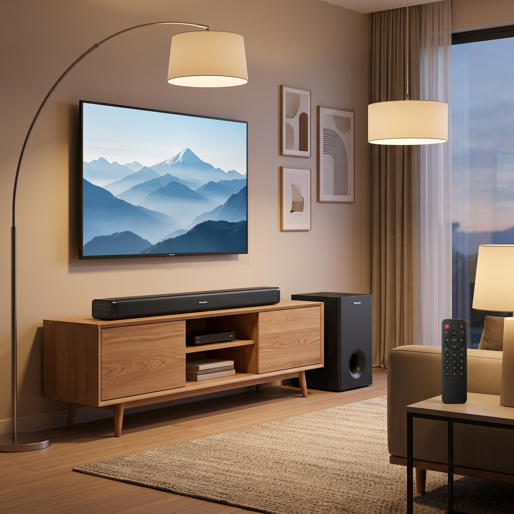 AI-edited Hisense soundbar and subwoofer living-room illustration; television and furniture not included.