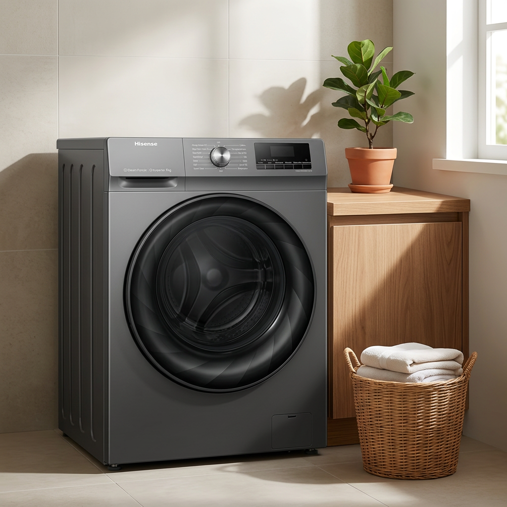 AI-edited grey Hisense washer in a laundry room; furniture basket towels and decor excluded.