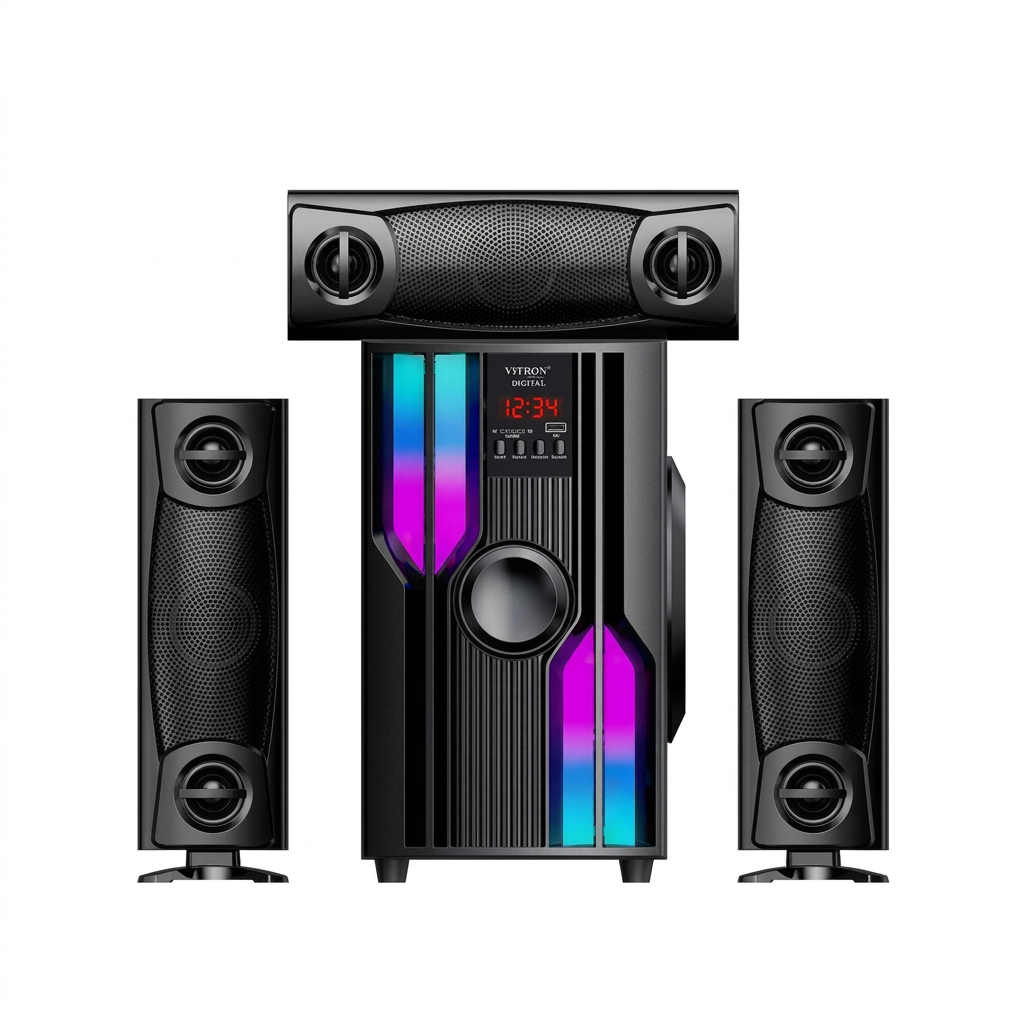 AI-edited Vitron V646 speaker system with illustrative front lighting and display on white.