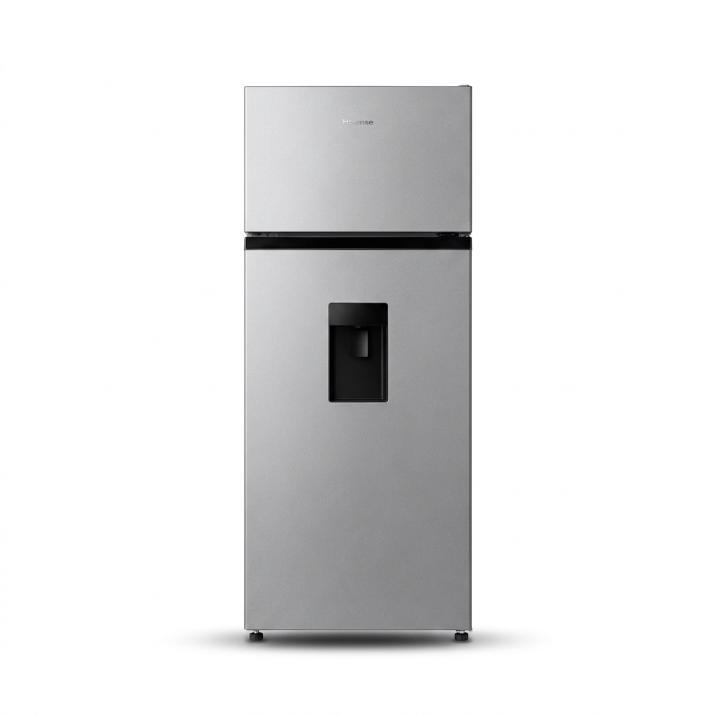AI-edited silver Hisense two-door top-freezer refrigerator with lower-door water dispenser, doors closed.