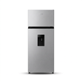 AI-edited silver Hisense two-door top-freezer refrigerator with lower-door water dispenser, doors closed.