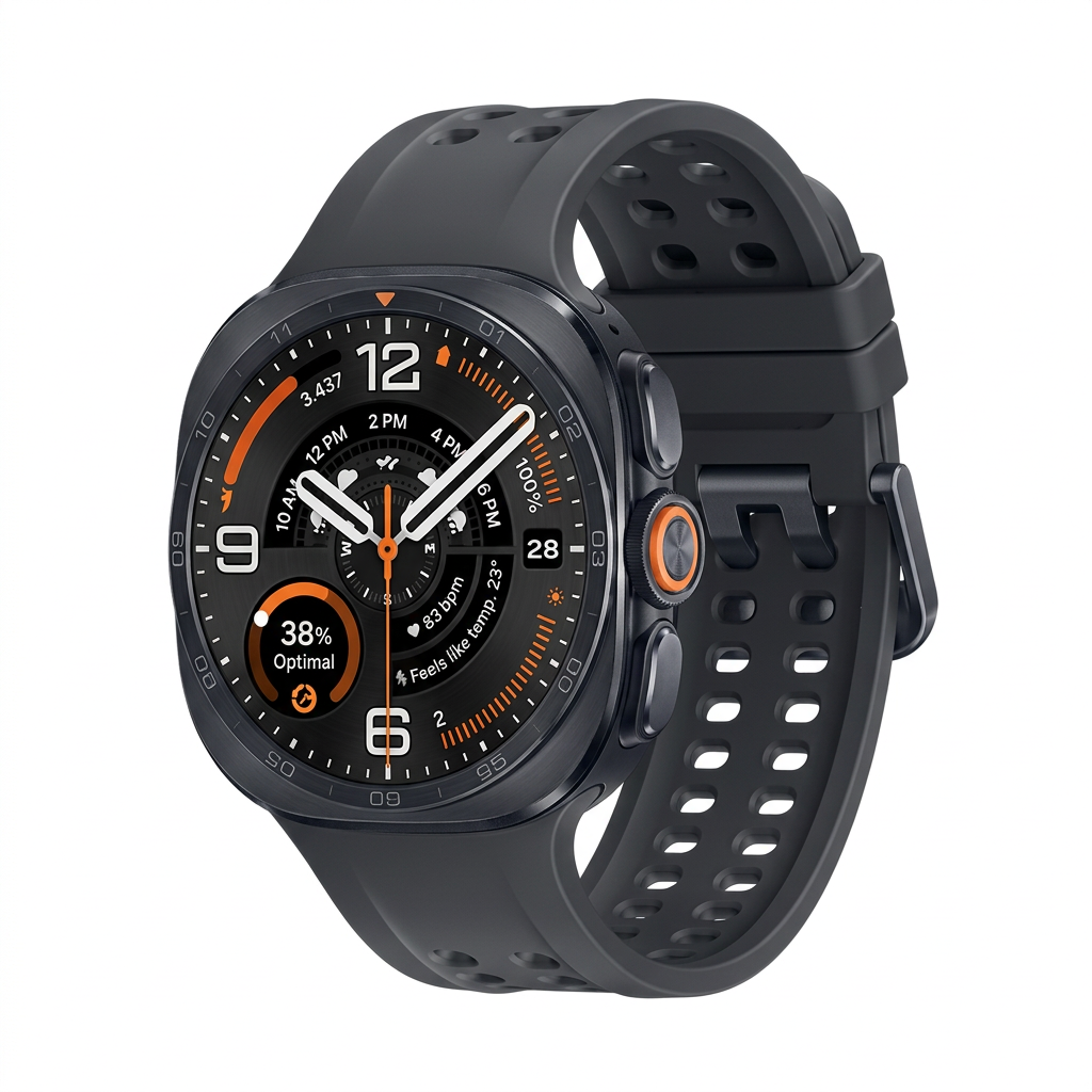 Samsung Galaxy Watch Ultra2 in titanium gray with dark strap on white; AI background edit of manufacturer reference, finish may vary