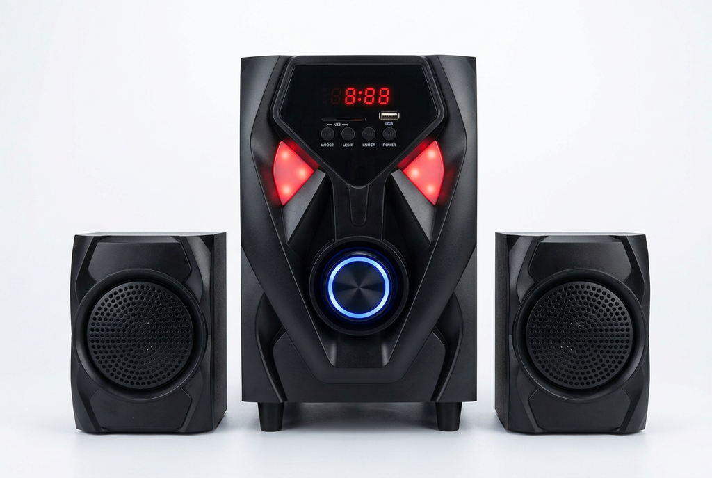 Amtec AM-108 2.1CH Multimedia Speaker System - Full System Front View with Blue LED and Red Accents