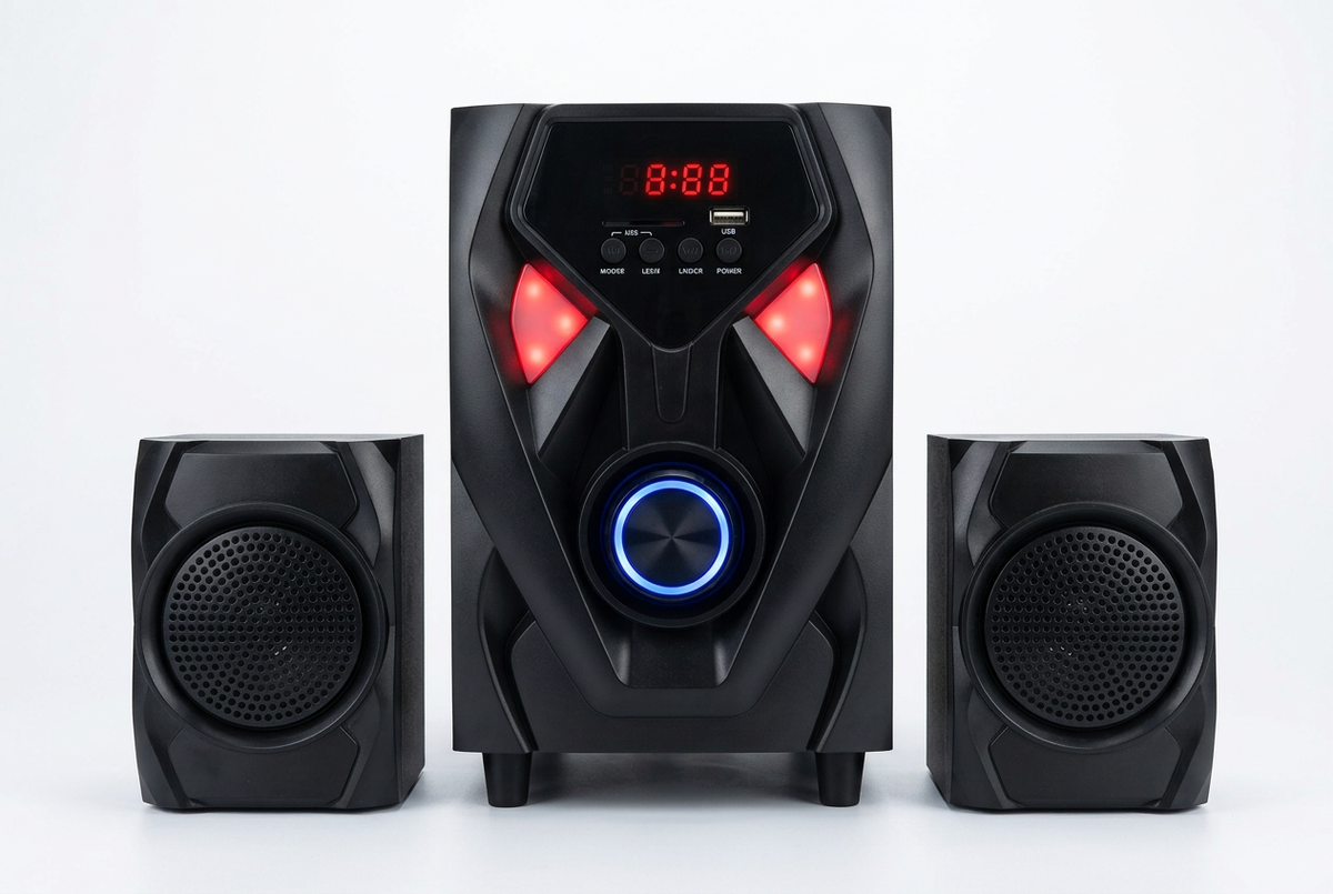 Amtec AM-108 2.1CH Multimedia Speaker System - Full System Front View with Blue LED and Red Accents