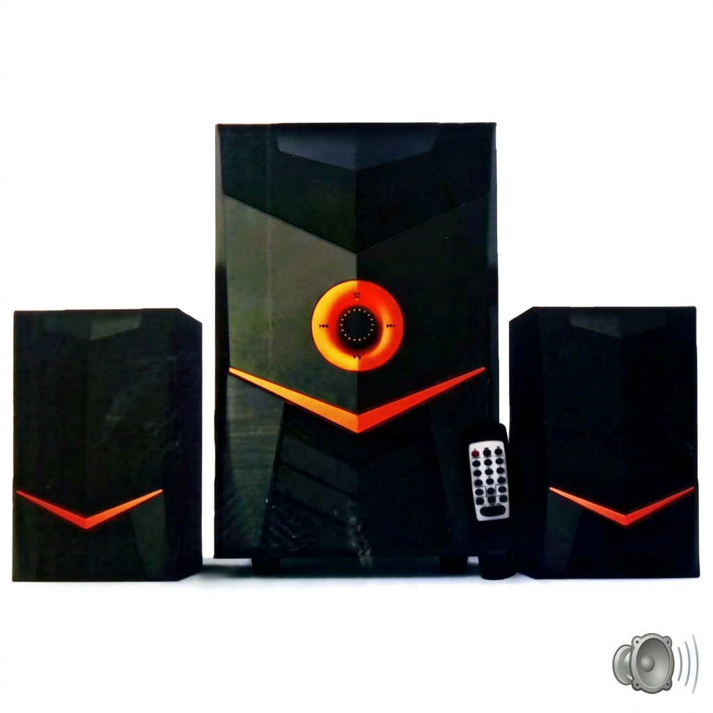 AI-edited Vitron V403 subwoofer, two satellite speakers and remote on white, display off.