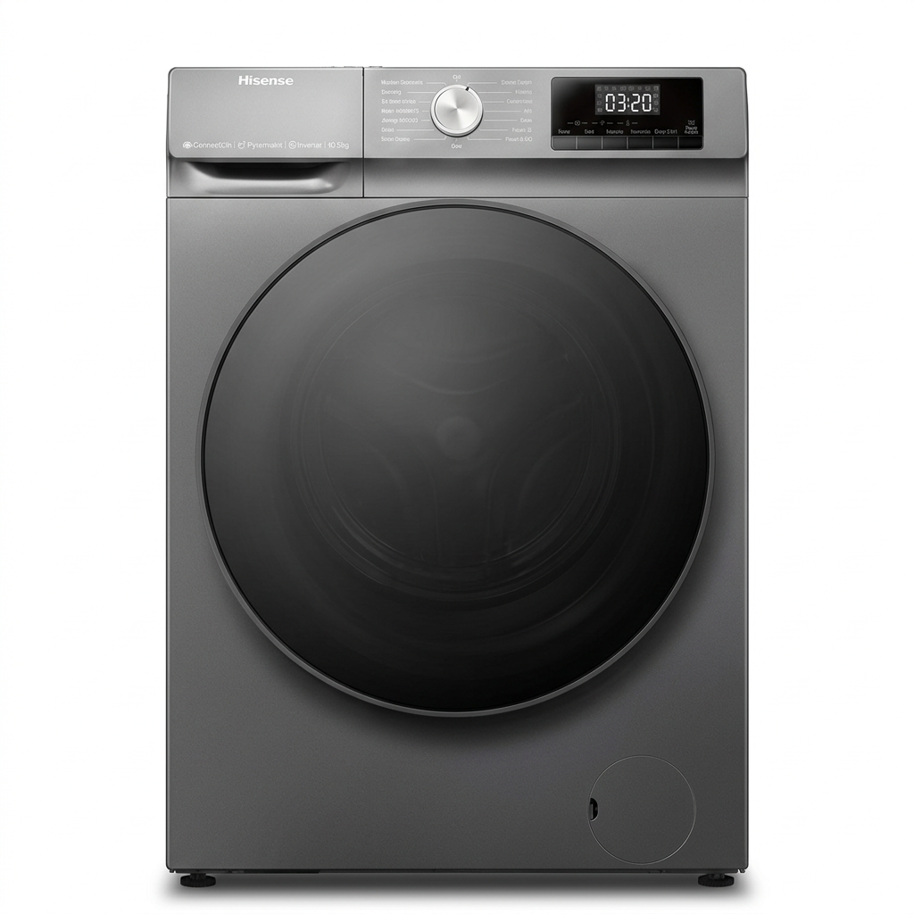 AI-edited grey Hisense washer-dryer closed on white based on supplied reference; exact model unconfirmed.