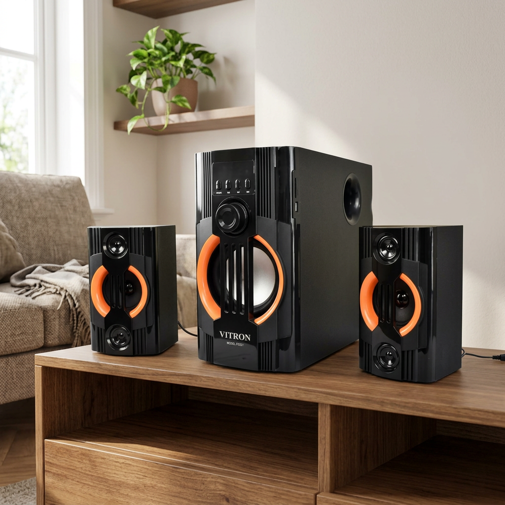AI-edited Vitron V5201 speaker system in a living room; furnishings not included.