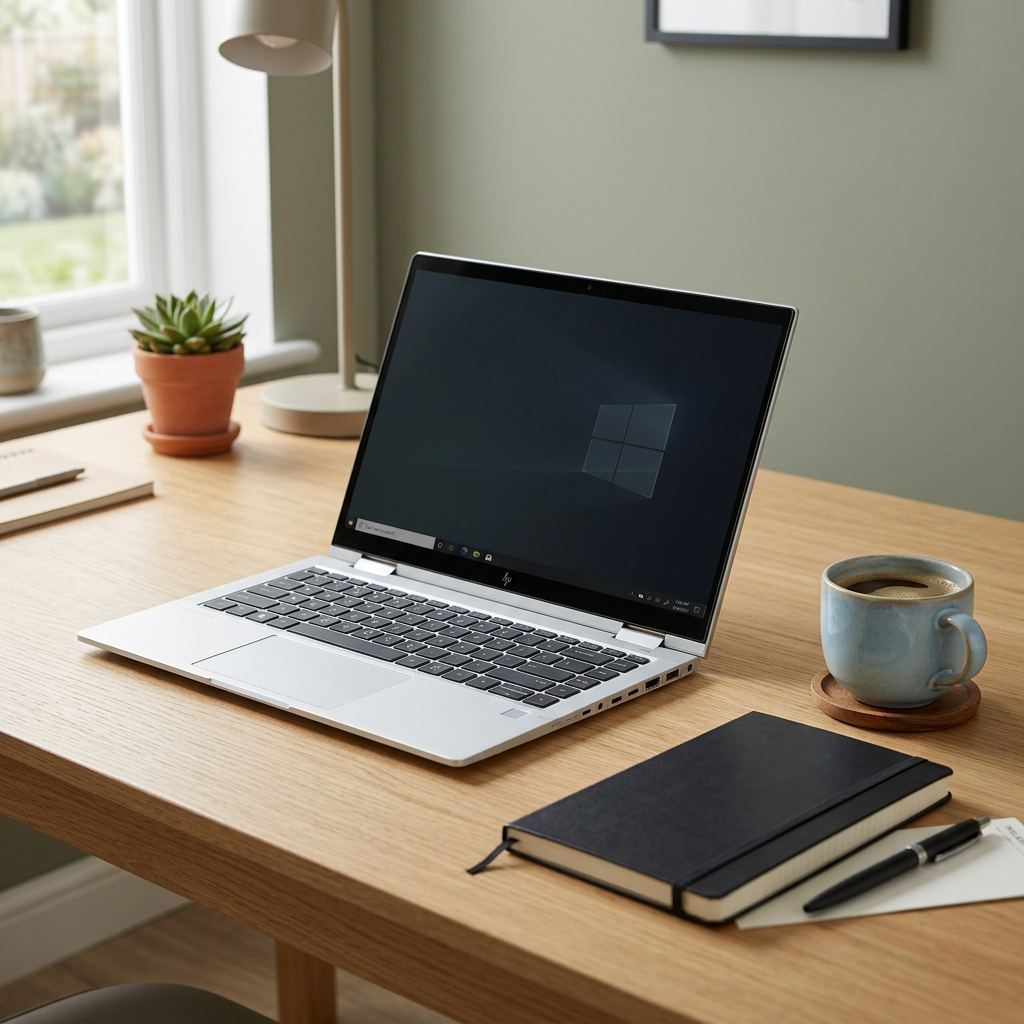 Silver HP laptop open on a home-office desk beside a notebook and coffee cup.