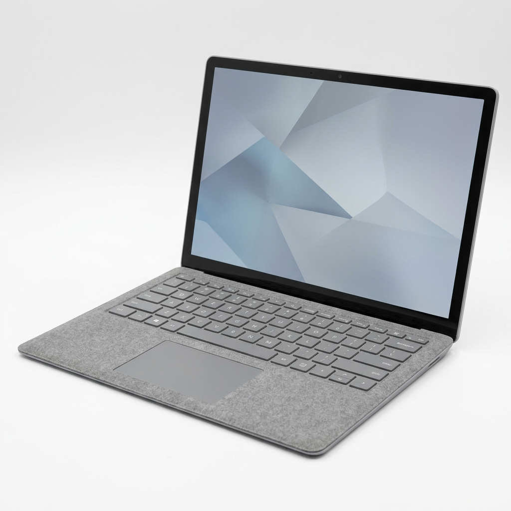 Grey Microsoft Surface Laptop open at a three-quarter angle on white.