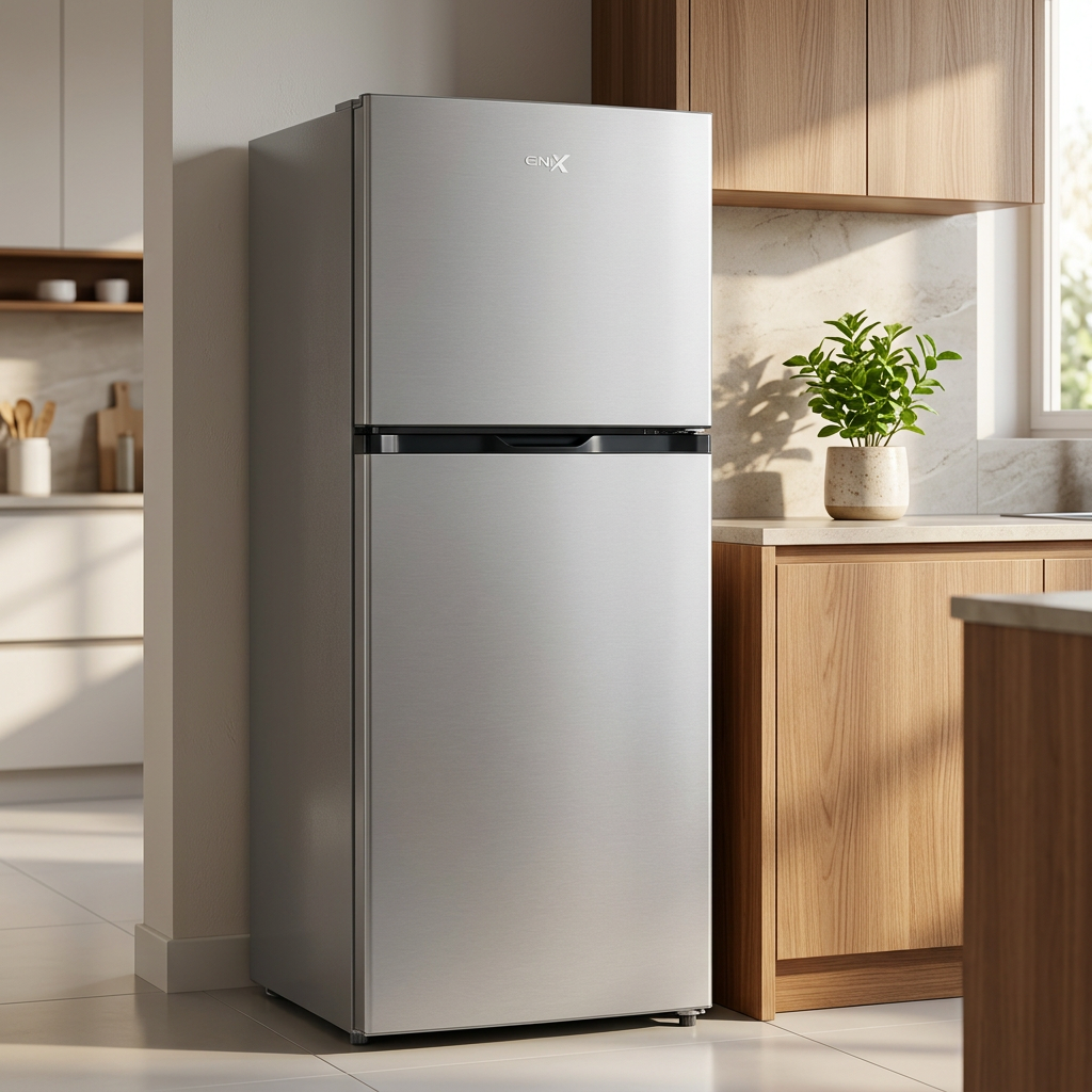 AI-edited GNIX FR-227-NF silver refrigerator in a kitchen; furniture and decor excluded.