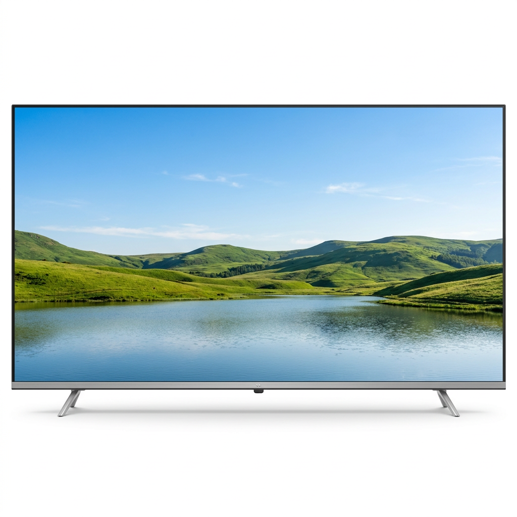 AI-edited front TV view based on seller-uploaded reference, silver trim and feet; screen illustrative.