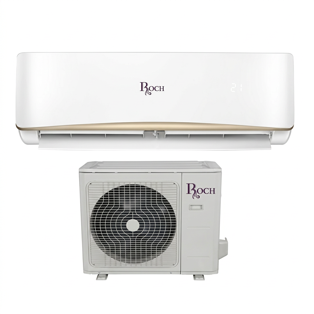 AI-edited first-reference ROCH split AC indoor and outdoor units on white, normal view