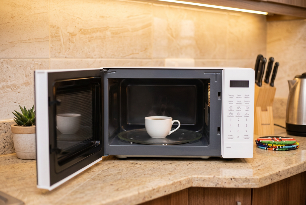 Hisense 20 Litres Microwave Oven White - Kitchen Counter Lifestyle with Door Open