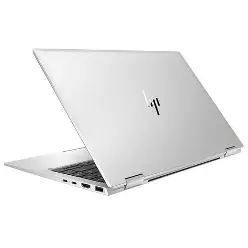 Silver HP laptop viewed from the rear at a three-quarter angle on white.
