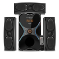 AI-edited V654 woofer, two upright satellites, horizontal centre speaker and remote on white.