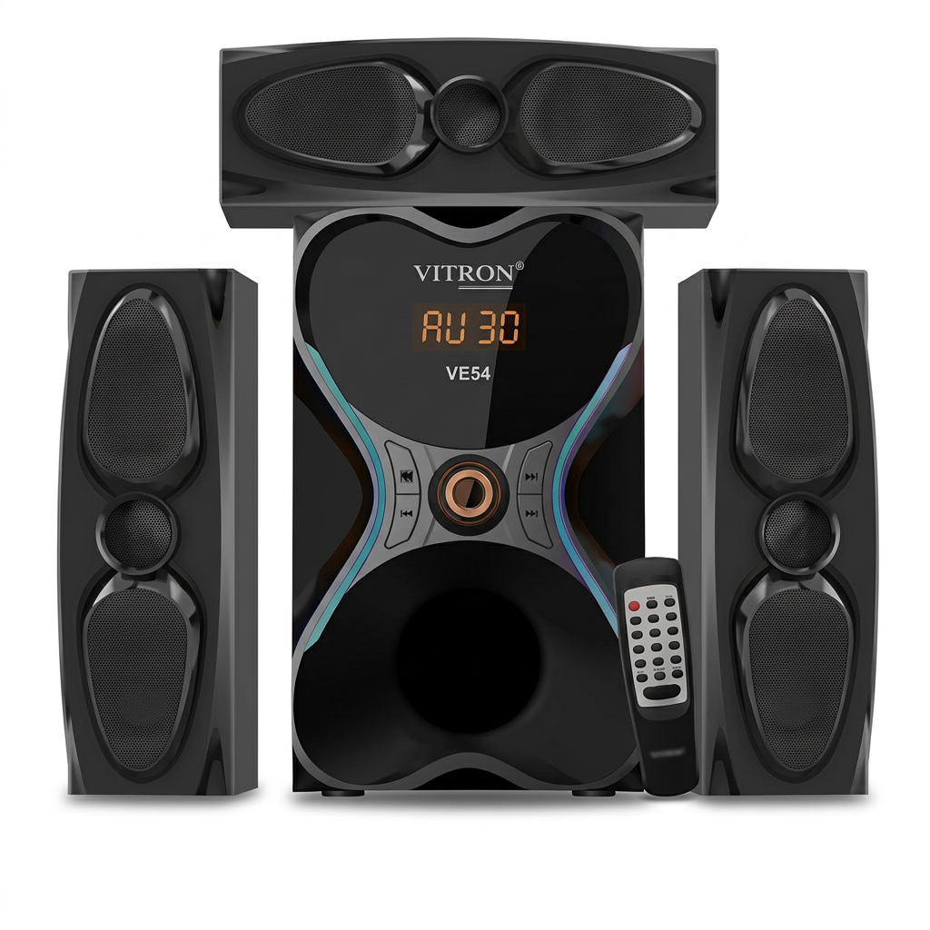 AI-edited V654 woofer, two upright satellites, horizontal centre speaker and remote on white.