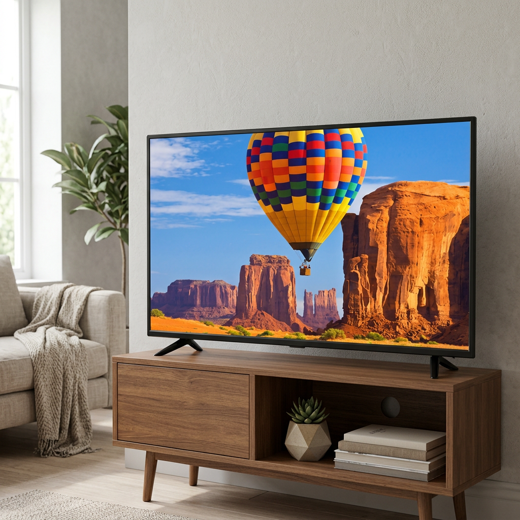 AI-edited Syinix TV in cosy living room; screen illustrative, furniture and decor not included.