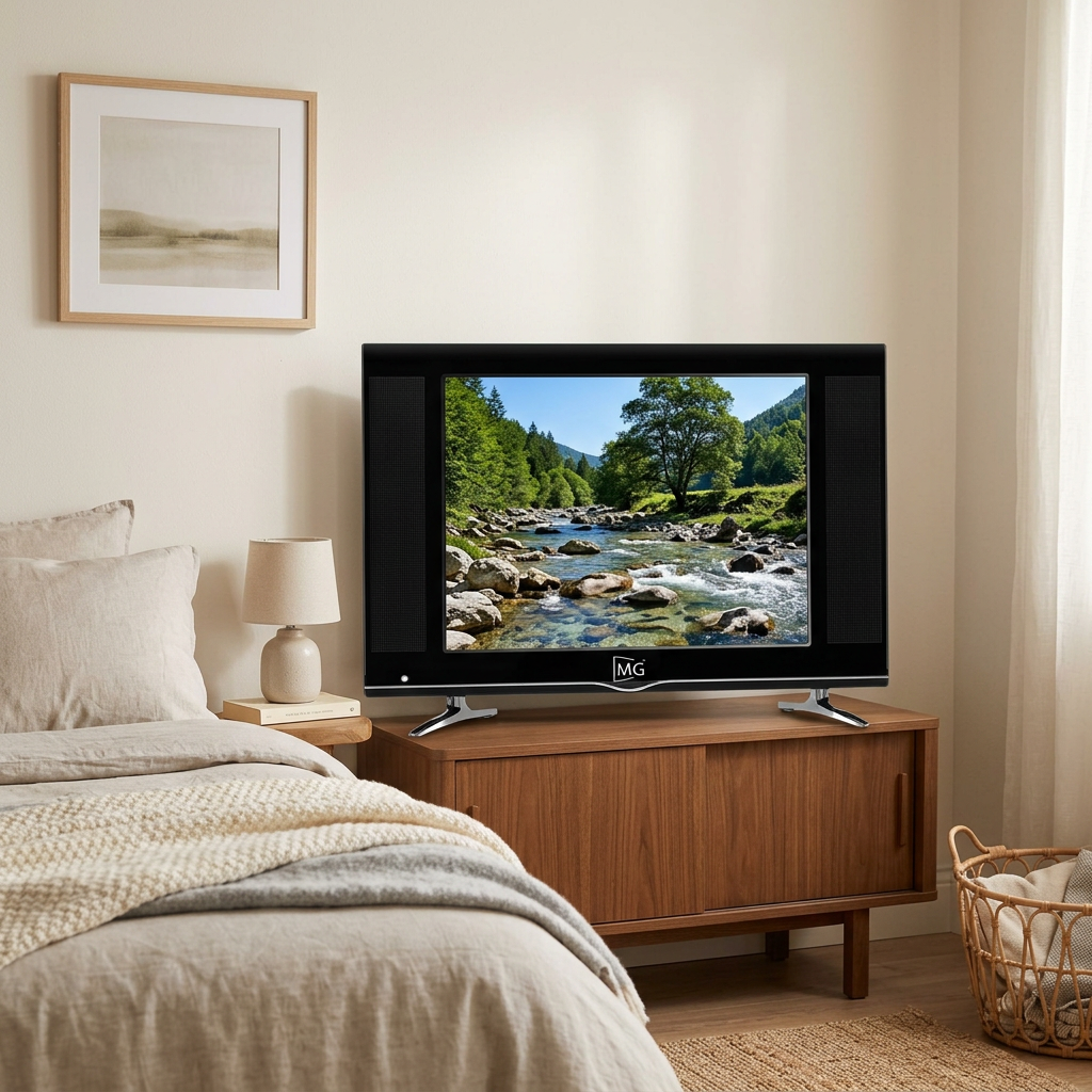AI-edited MG 19-inch TV in bedroom; screen content illustrative and furnishings not included.