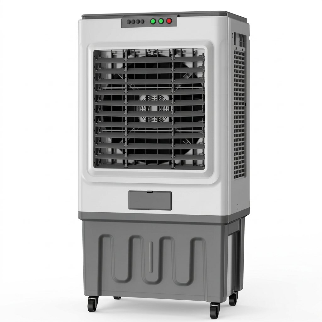 AI-edited 60L air cooler with airflow louvers open and safety guards intact