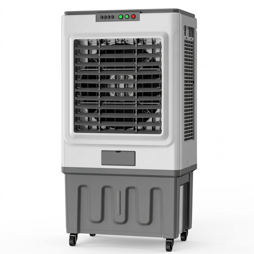 AI-edited 60L air cooler with airflow louvers open and safety guards intact