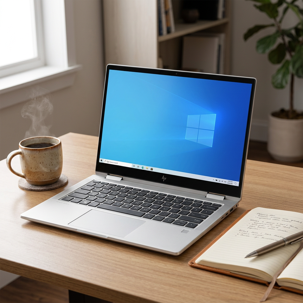 Silver HP laptop open on a home-office desk beside a notebook and coffee cup.