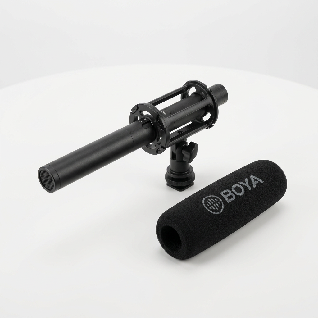 AI-generated unpacked view of a BOYA BM6060 shotgun microphone, suspension mount and foam windshield