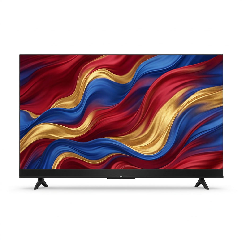 AI-edited TCL TV front view on white based on main reference; abstract screen illustrative.