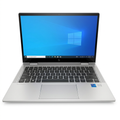 Silver HP laptop viewed from the front, open on a white background.