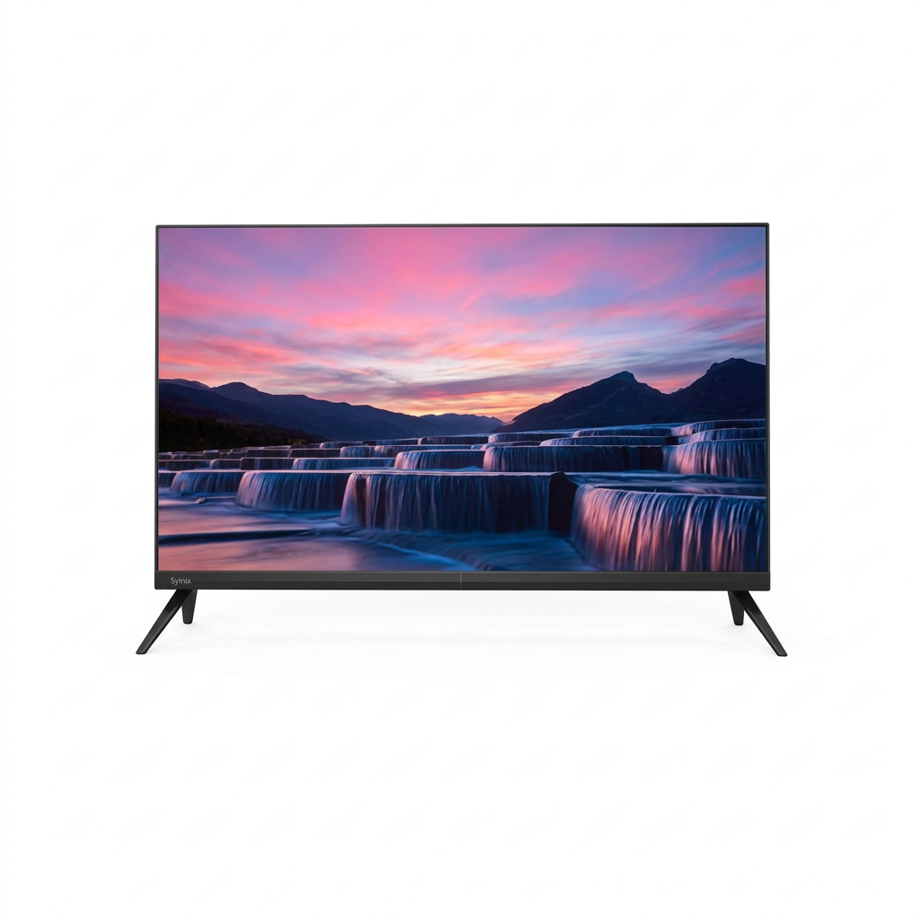 AI-edited Syinix 32-inch TV displaying illustrative waterfall landscape on white.