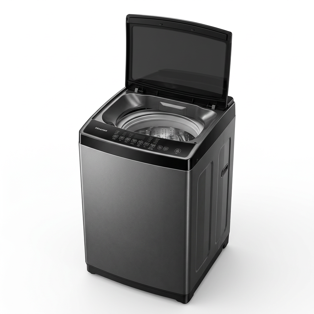 AI-generated lid-open illustration of Hisense top load washer; exact drum fittings are illustrative.