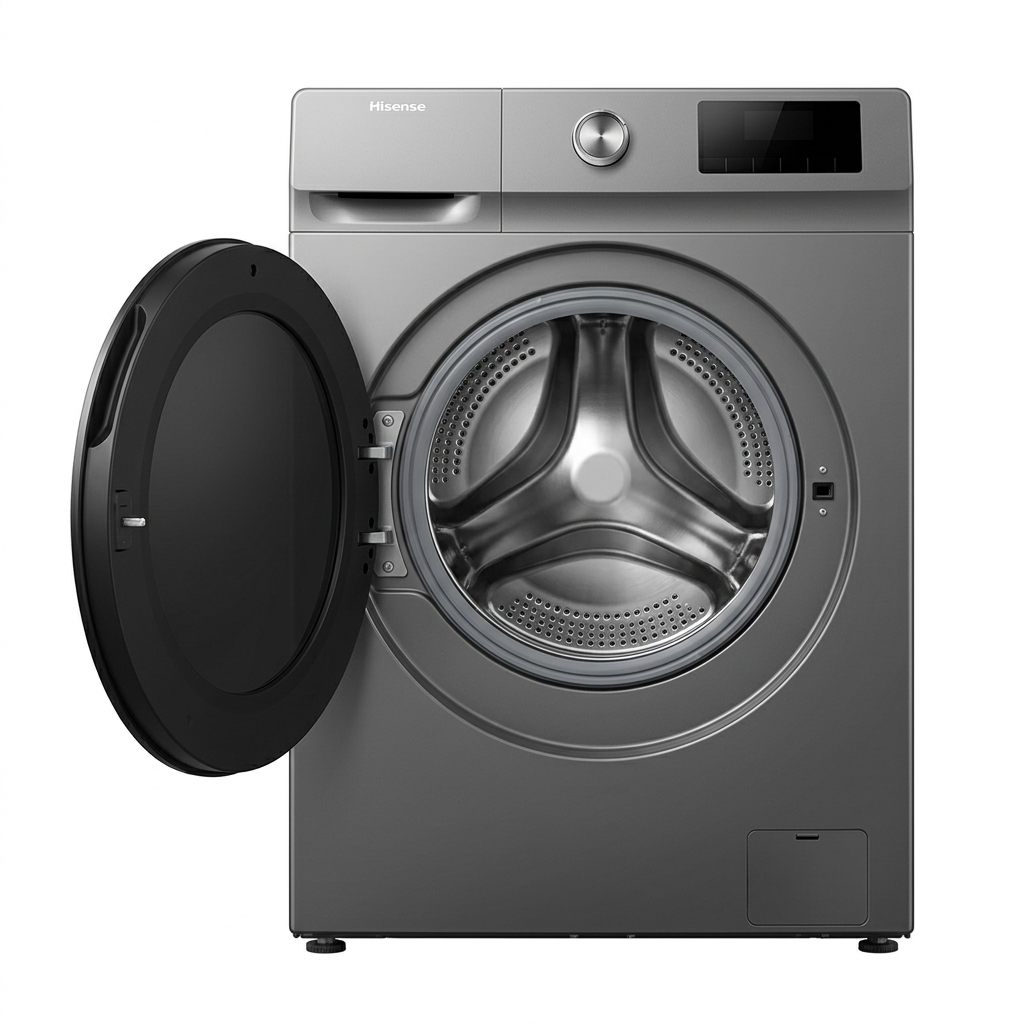AI-edited Hisense washer-dryer door open; drum gasket and hinge details illustrative.