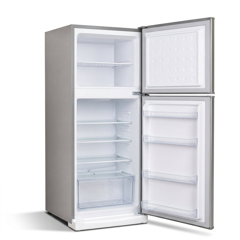 AI-edited GNIX FR-155DF with top freezer and lower refrigerator doors open; interior fittings illustrative.