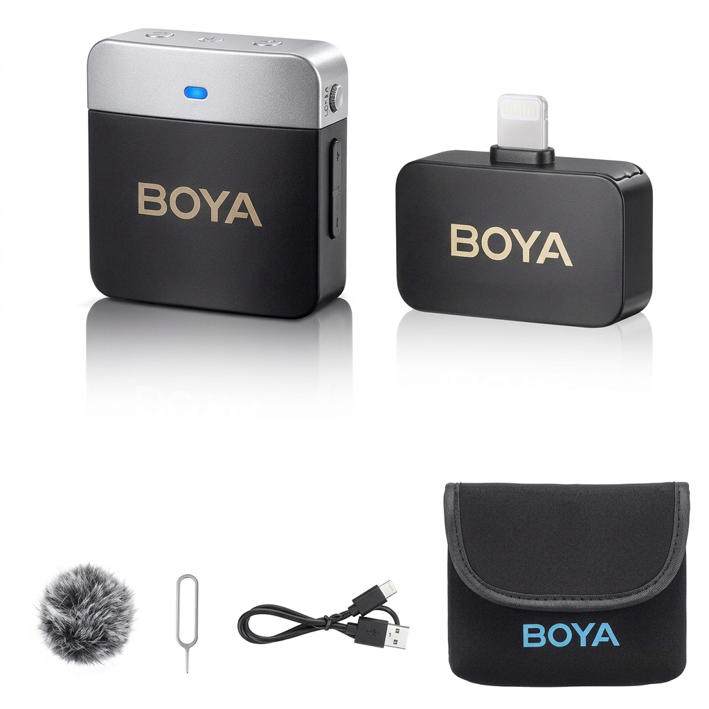 AI-generated unpacked illustration of one BOYA M1V5 transmitter, receiver and accessories; not verified box contents