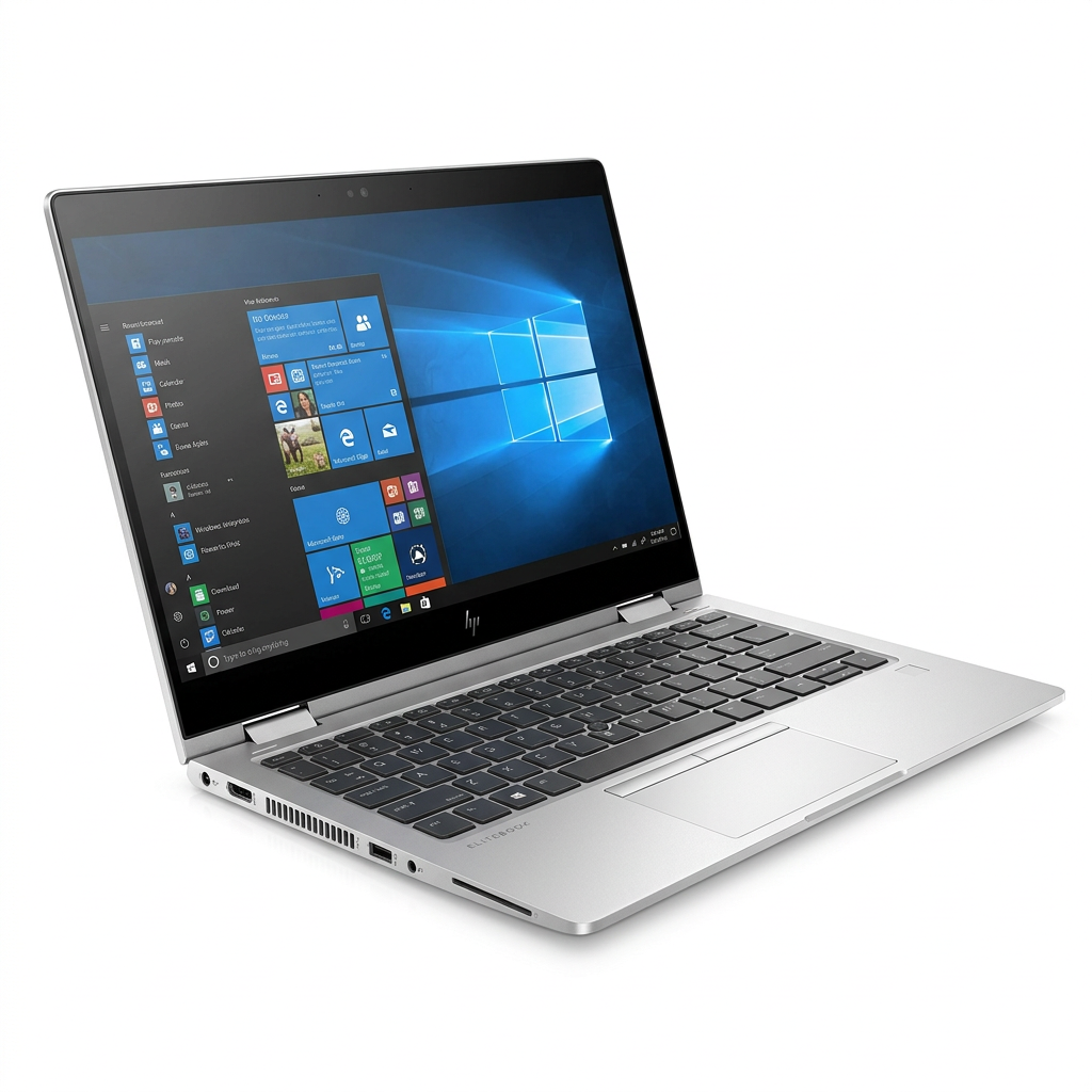Silver HP EliteBook open in laptop mode with keyboard and screen visible on white.