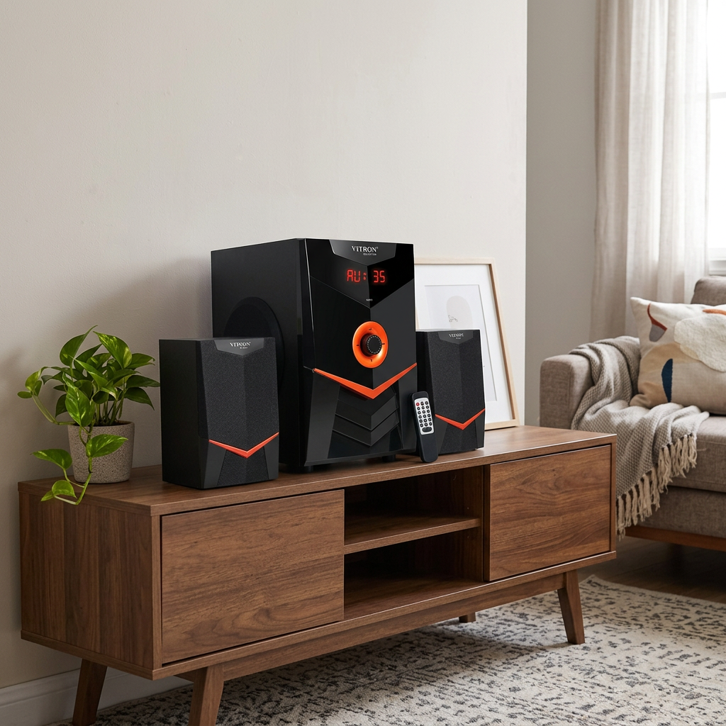 AI-edited Vitron V403 speaker system in a living room; furnishings not included.