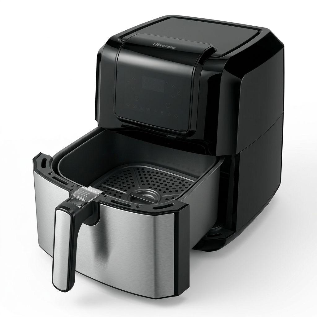AI-edited Hisense air fryer with single drawer open and illustrative basket interior