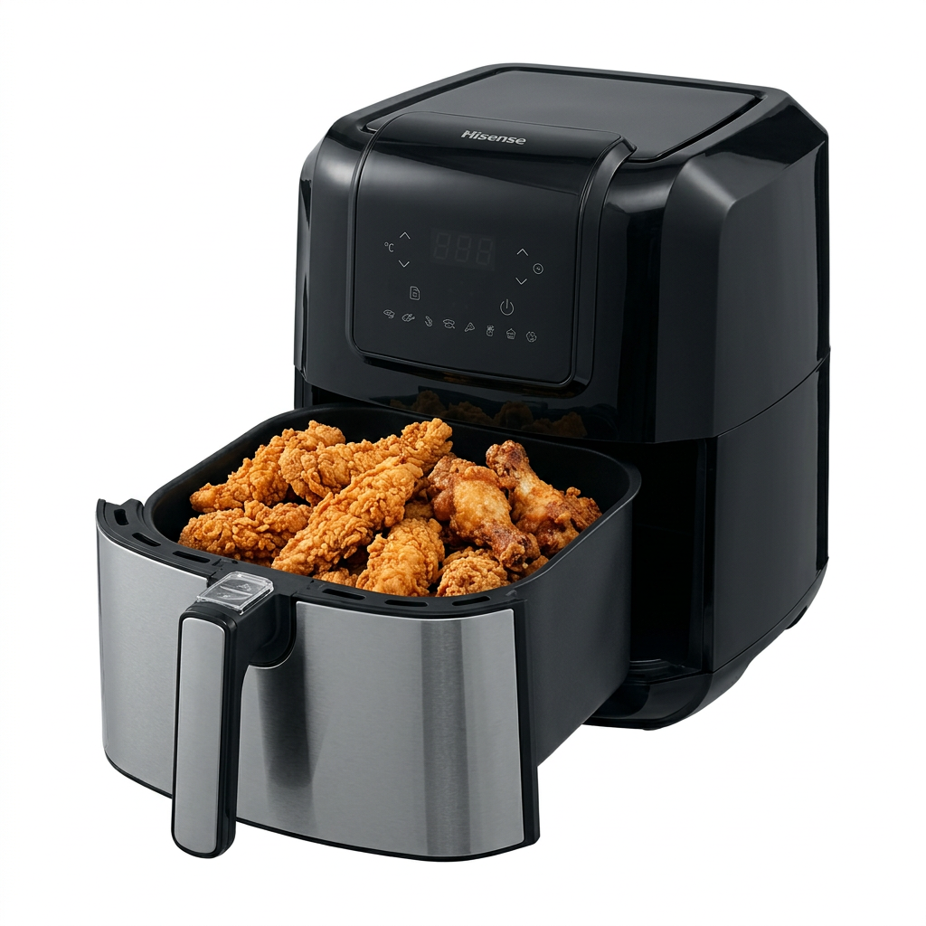 Hisense 6.3L Touch Control Air Fryer - Basket Open with Food