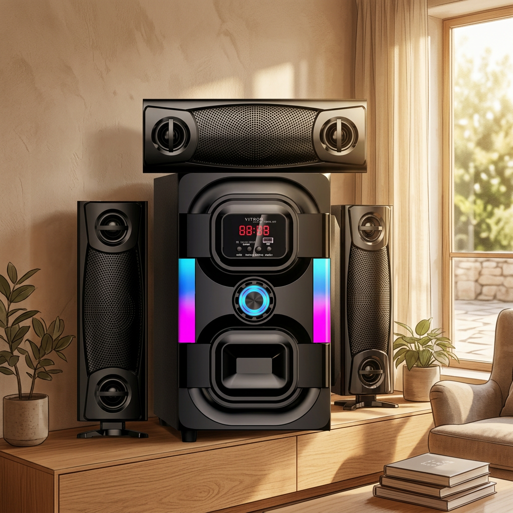 AI-edited V645 speaker set living-room illustration; furniture not included, scale and illumination illustrative.