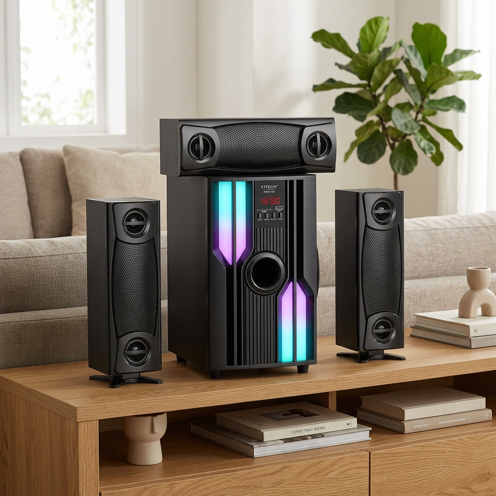AI-edited Vitron V646 speaker system in a living room; furnishings not included.