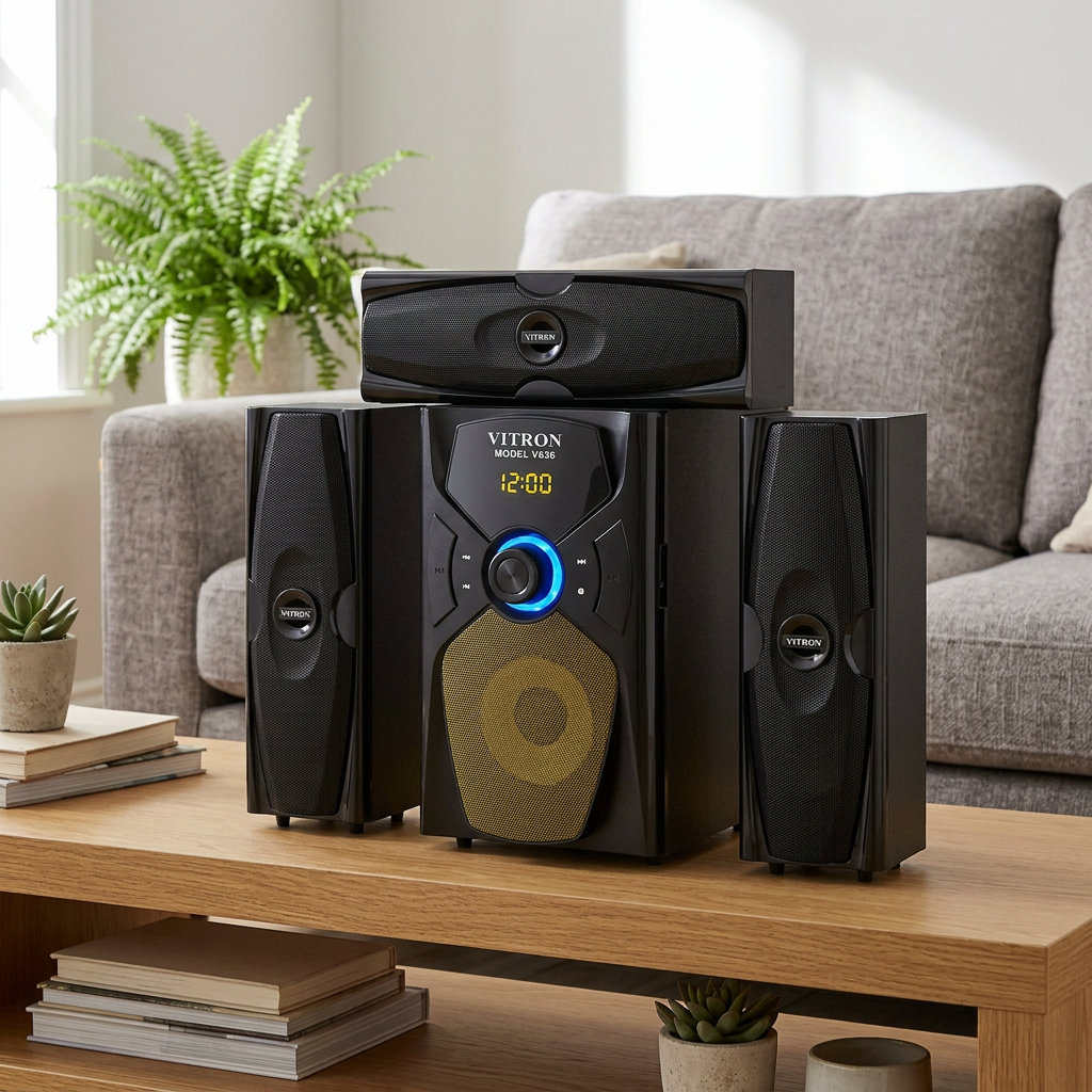 AI-edited Vitron V636 speaker system in living room; furnishings not included.