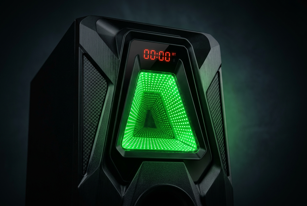 Amtec AM-316 3.1CH Hi-Fi Multimedia Speaker System - Subwoofer Close-up Green LED Pyramid Detail