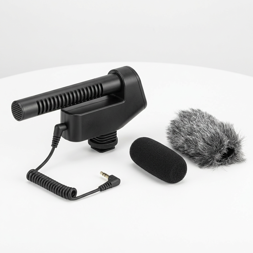 AI-generated unpacked illustration of a BOYA VM600 microphone with coiled cable, foam cover and furry windshield