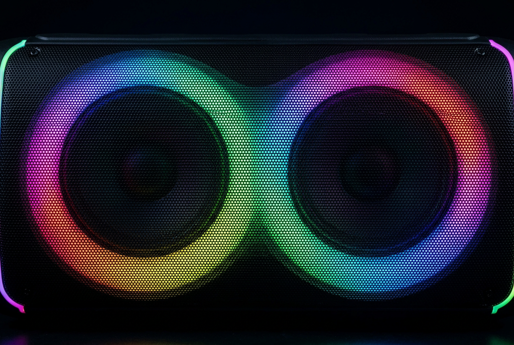 SS-8801 Dual 8 Inch Party Speaker - RGB Ring LED Woofer Close-up Detail