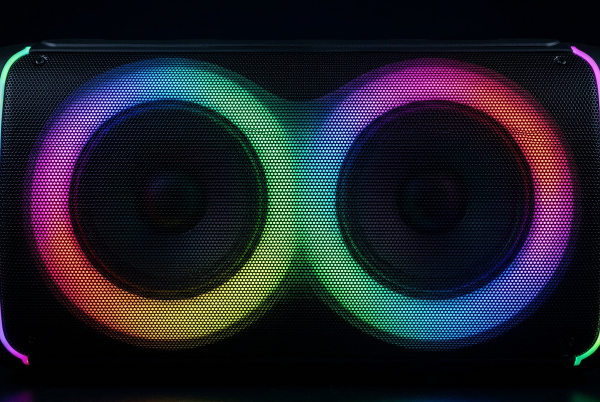 SS-8801 Dual 8 Inch Party Speaker - RGB Ring LED Woofer Close-up Detail