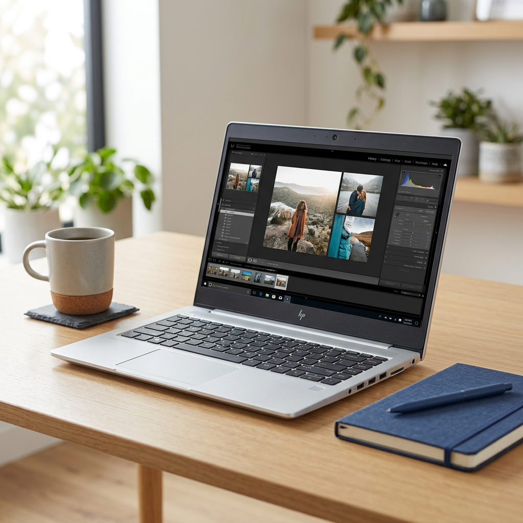 Silver HP laptop on a home-office desk with a notebook and cup.