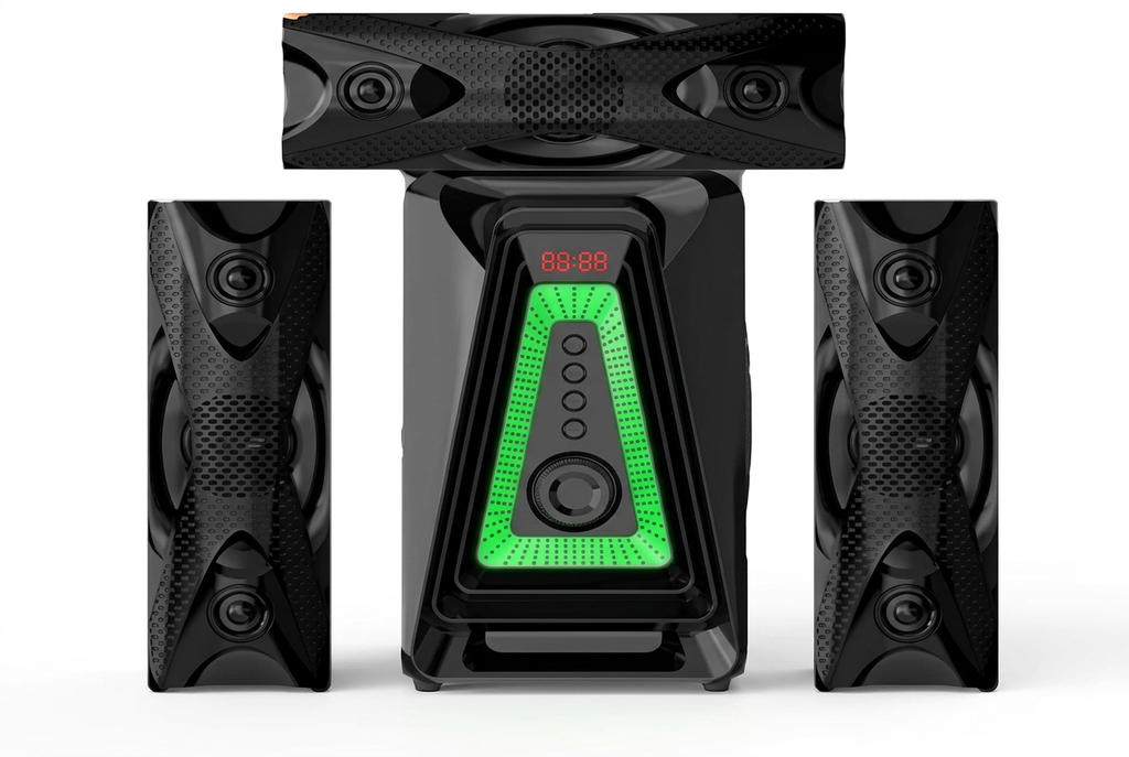Amtec AM-316 3.1CH Hi-Fi Multimedia Speaker System - Full System Front View with Green LED Pyramid