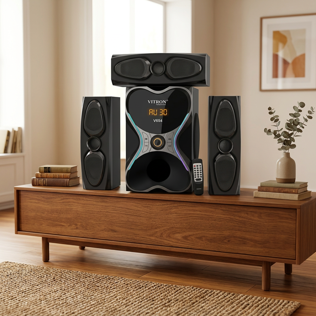 AI-edited V654 speaker set room illustration; furniture not included, scale illustrative.