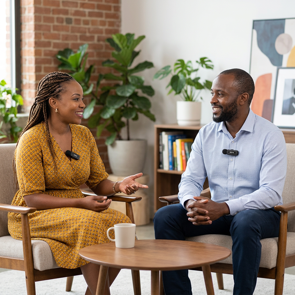 AI-generated illustration of two interview participants wearing black BOYA V20 clip-on microphones